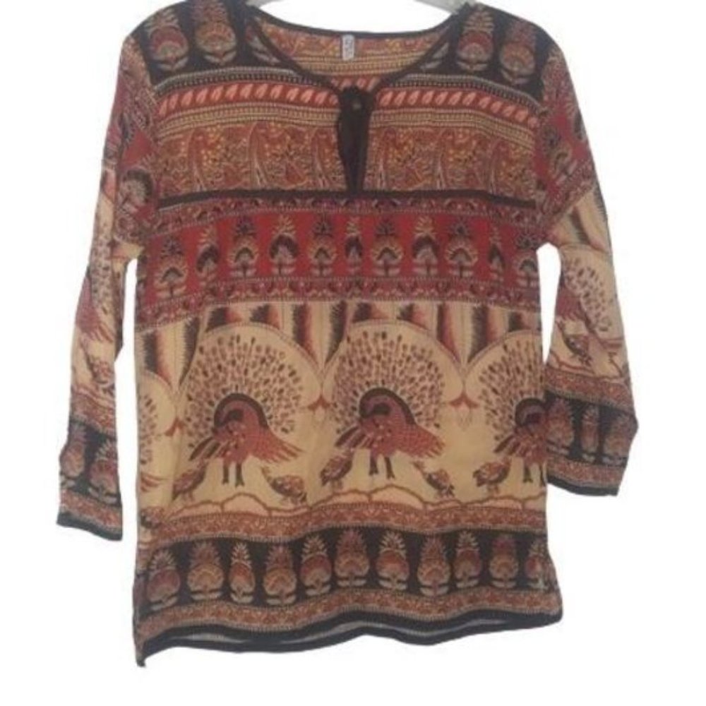 Vintage 90's Paths of the Spirit Boho Peacock Print Top